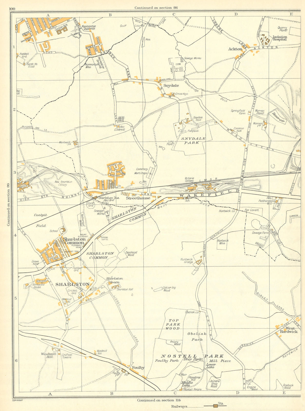 YORKSHIRE Sharlston Nostell Park Ackton Foulby Streethouse Woodhouse 1935 map